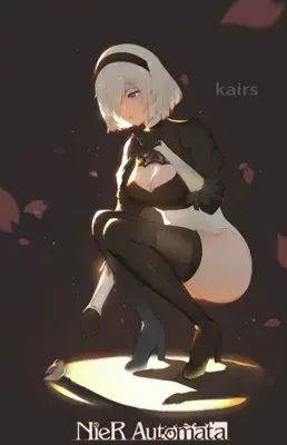 Woman in a black suit and white hair is kneeling on a white object