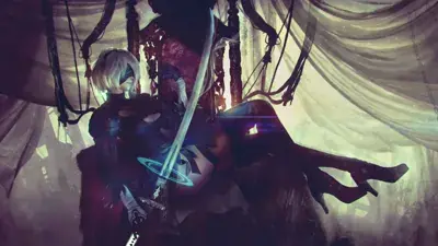 Woman in a dark room with a sword