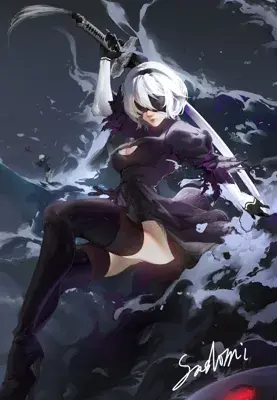 Woman in a purple outfit holding a sword