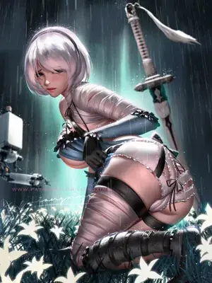Thumbnail of Woman in a rain storm with a sword - Nier Art