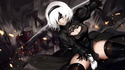 Woman in black and white clothes holding a sword
