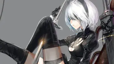 Woman in black and white clothes holding a sword