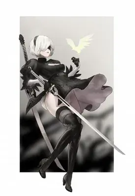 Woman in black and white holding a sword