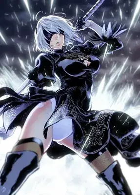 Woman in black and white outfit with a sword