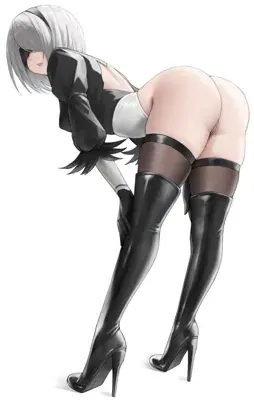 Woman in black boots and stockings is bending her butt