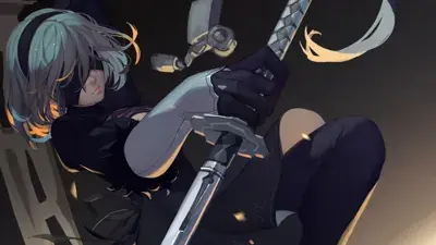 Woman in black clothes holding a sword