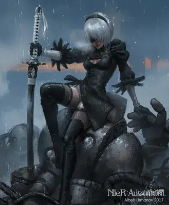 Woman in black clothes holding a sword