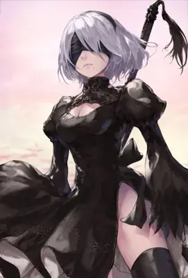 Woman in black dress with long white hair and a sword