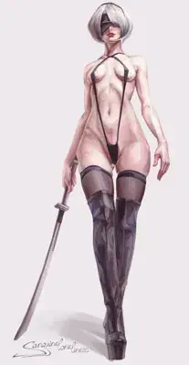 Woman in linger and stockings holding a sword