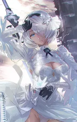 Woman in white clothes holding a sword