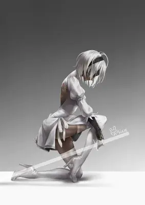 Woman in white dress kneeling on a white surface