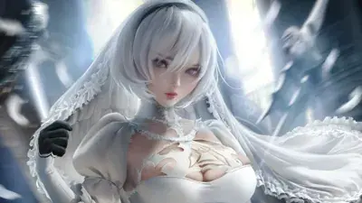 Woman in white dress with long white hair and a white cape