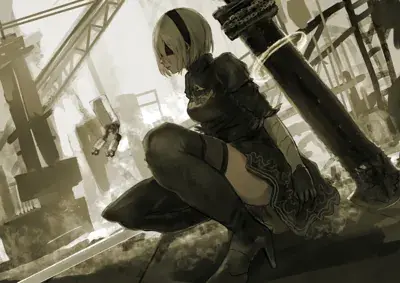 Woman kneeling on a street with a gun