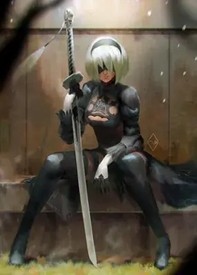 Woman sitting on a bench holding a sword