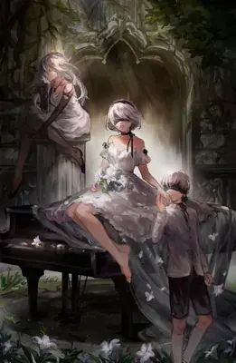 Woman sitting on a piano in a forest