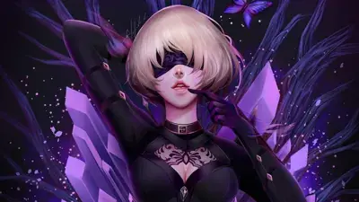 Woman with blonde hair and black clothes, holding a butterfly