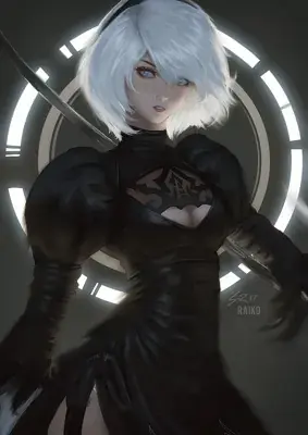 Woman with white hair and a sword
