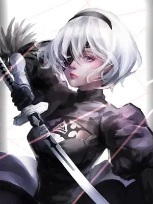 Woman with white hair and a sword