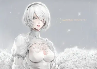 Woman with white hair and a white dress