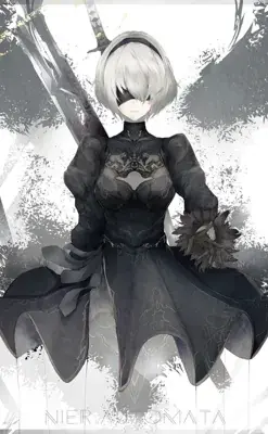 Woman with white hair and black clothes, holding a sword