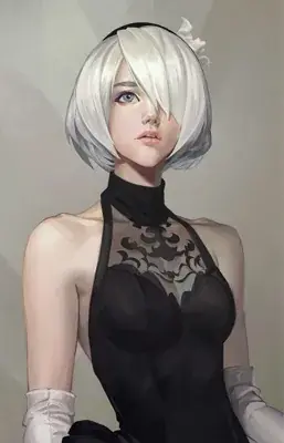 Woman with white hair and black dress