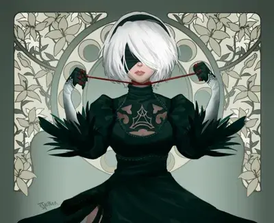 Woman with white hair and black dress holding a sword