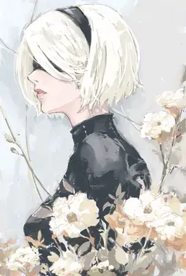 Woman with white hair and black dress standing in front of a bunch of flowers