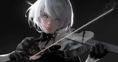 Woman with white hair playing a violin