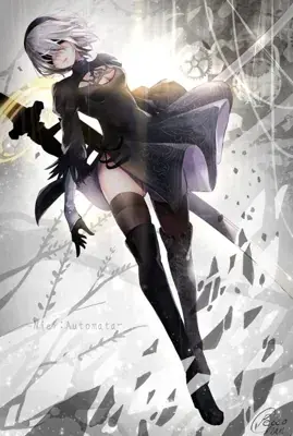 Digital fan art of 2B in her black dress and blindfold, striking a dramatic, mid-air action pose while wielding a glowing sword against a bright, stylized background featuring mechanical gears and abstract debris.