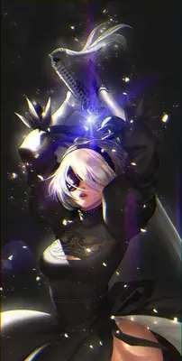 Dynamic digital illustration of 2B from NieR: Automata raising a glowing katana sword in a dark, action-filled setting, optimized for a mobile wallpaper.