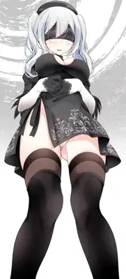 Digital drawing of 2B in a revealing black kimono-style dress and thigh-high stockings, viewed from a dramatic low angle, emphasizing the legs and suggestive pose.
