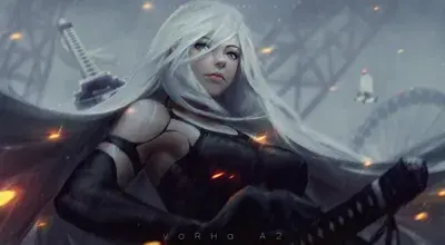 A dramatic digital painting of A2 from NieR: Automata with long white hair and a black outfit, holding a sword in a rain-swept industrial setting.