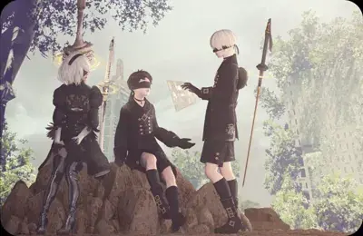 2B and 9S from Nier Automata in the forest ruins - digital artwork showing android warriors in signature outfits