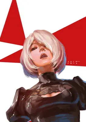 Digital painting of NieR: Automata character 2B viewed from a low angle. She has short white hair and wears her glossy black uniform against a stark red and white geometric background.