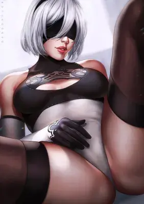 A digital painting of 2B from NieR: Automata wearing a black and white leotard and her iconic blindfold, captured from a low-angle perspective.