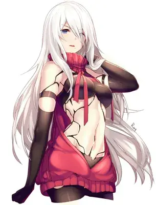 A2 from Nier Automata in a casual red sweater - digital artwork showing android warrior with cracked skin