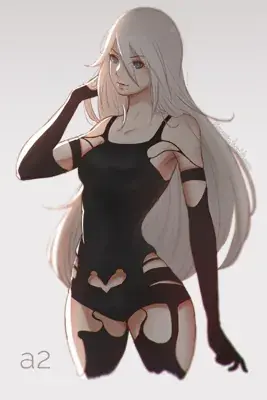 A2 from Nier Automata digital artwork showing android warrior in signature outfit