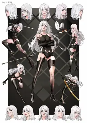 A2 from Nier Automata character reference sheet - digital artwork showing android warrior in signature outfit