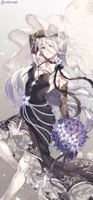 Digital illustration of 2B (YoRHa No.2 Type B) from NieR: Automata wearing a black gothic-lolita dress with a blindfold and holding flowers.