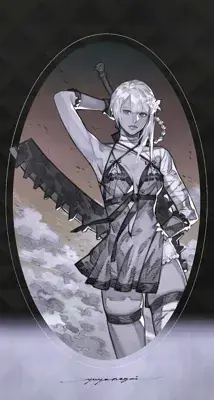 A2 from Nier Automata artwork showing android warrior in her signature weathered outfit with a large sword
