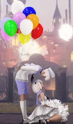 Image of 2B and 9S in school uniforms holding balloons - YoRHa android character art from the video game Nier Automata