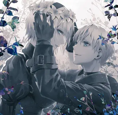 Fan art of 2B and 9S from NieR: Automata, featuring a tender moment with floral elements and gothic-lolita styling.