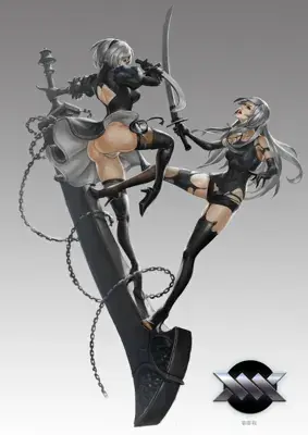 2B and A2 from Nier Automata action-pose digital artwork showing android warriors in signature outfits leaping from a giant sword