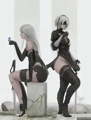2B and A2 from Nier Automata digital artwork showing android warriors in signature outfits with a blue butterfly