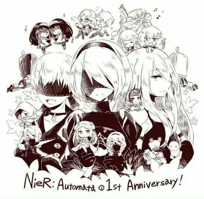 2B, 9S, and A2 from Nier Automata 1st anniversary sketch - digital artwork showing android warriors in a stylized character collection
