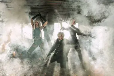 Image of 2B, 9S, and A2 cosplay - YoRHa android character art from the video game Nier Automata