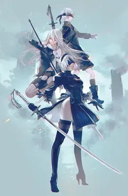 2B from Nier Automata featuring 2B, 9S, and A2 in a unified action pose - digital artwork showing android warriors in signature outfits