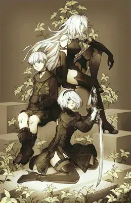 2B, A2, and 9S from Nier Automata sitting amongst flowers - digital artwork showing android warriors in signature outfits