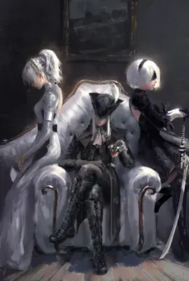 2B and A2 from Nier Automata sitting with a Hunter character - digital artwork showing android warriors in signature outfits