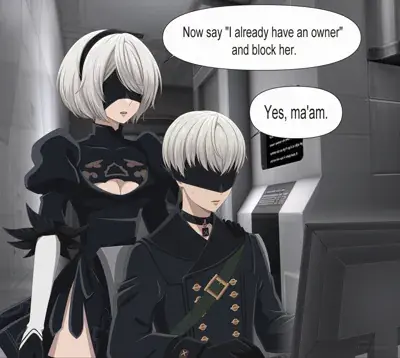 2B and 9S from Nier Automata comic interaction - digital artwork showing android characters in signature outfits